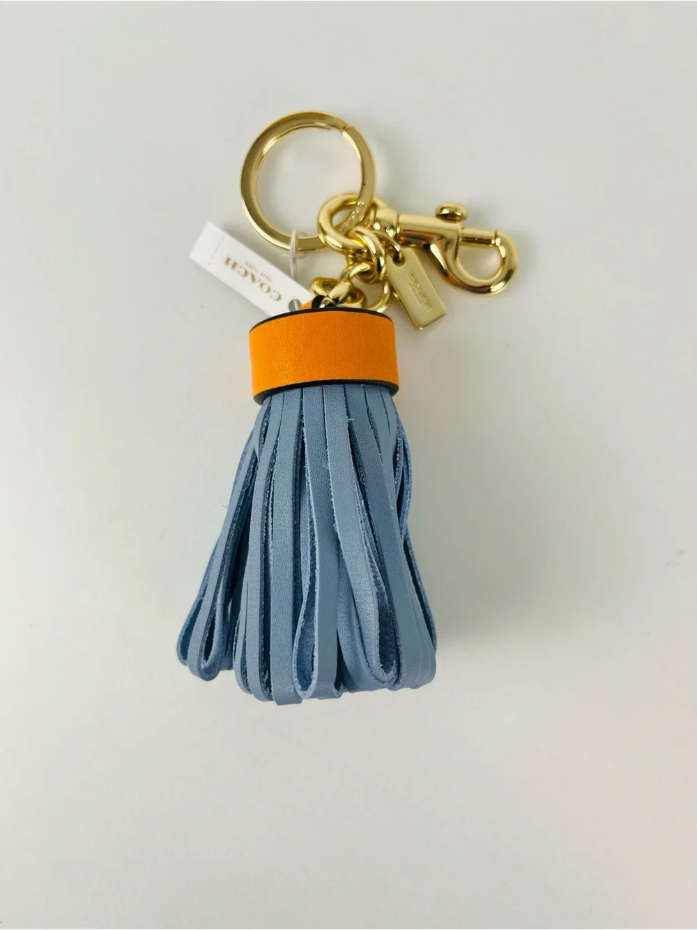 Coach Leather Tassel Bag Charm Keychain  F58505 Blue Orange Gold Hardware